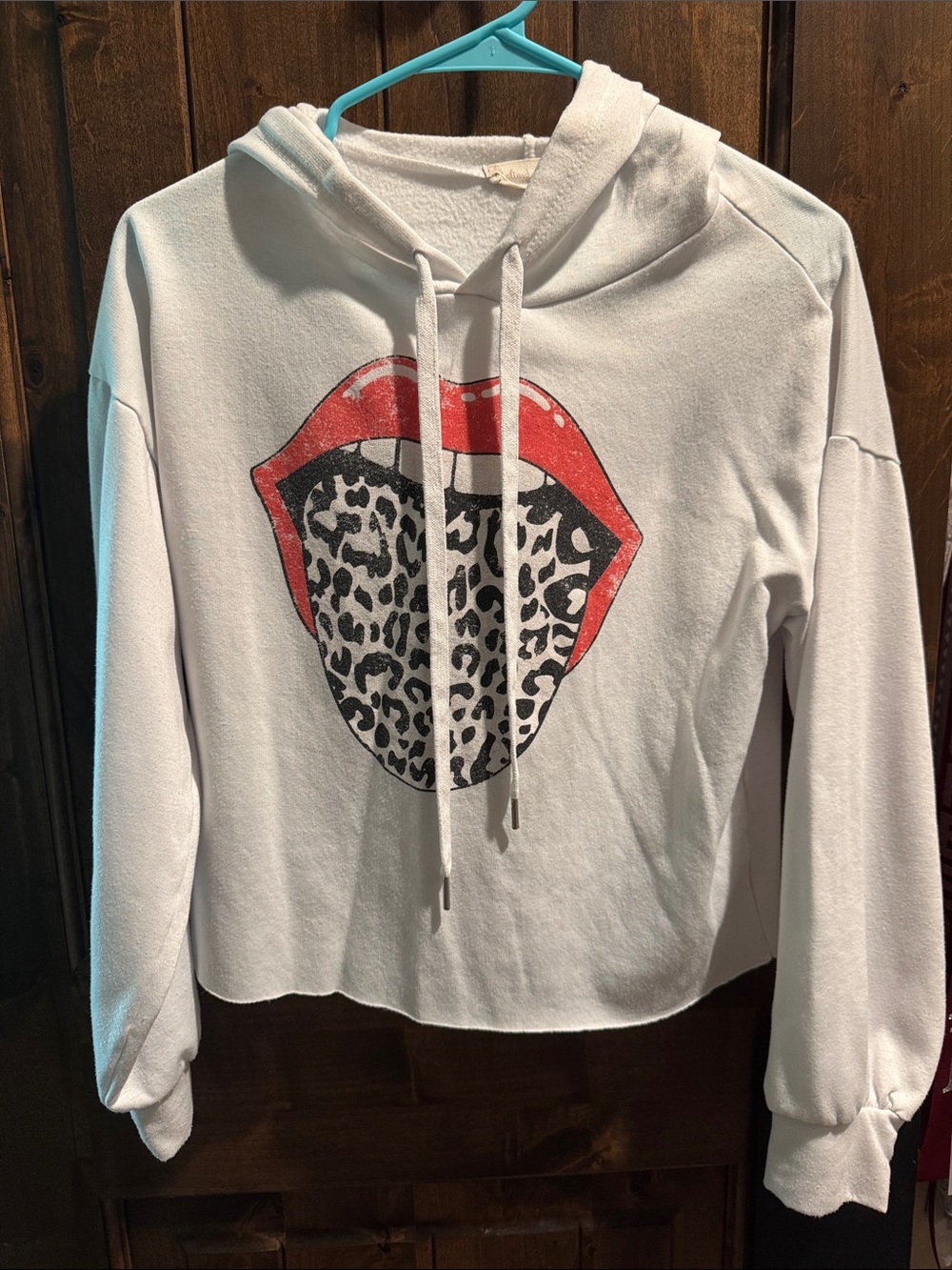 Altar'd State White Hoodie with Red Lip & Leopard Tongue Graphic